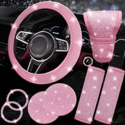 Chasenew 8 Pcs Bling Car Accessories Set for Women, Steering Wheel Cover, Sparkly Seat Belt Covers, Bling Gear Shift Cover, Universal Fit Most Cars All Pink Diamond
