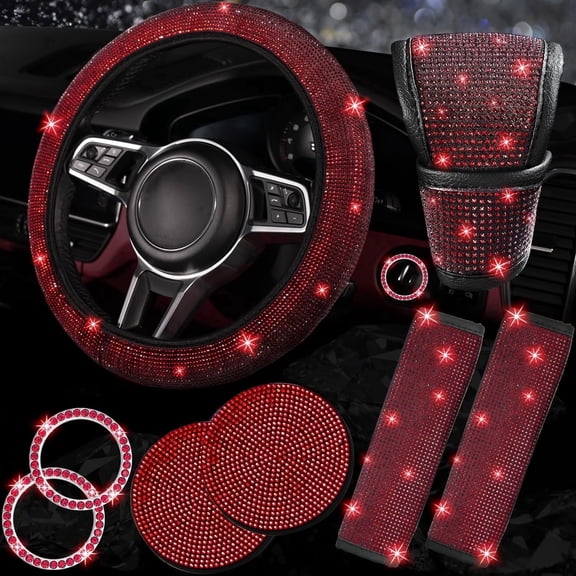 Chasenew 8 Pcs Bling Car Accessories Set for Women, Steering Wheel Cover, Sparkly Seat Belt Covers, Bling Gear Shift Cover, Universal Fit Most Cars (Red Diamond)