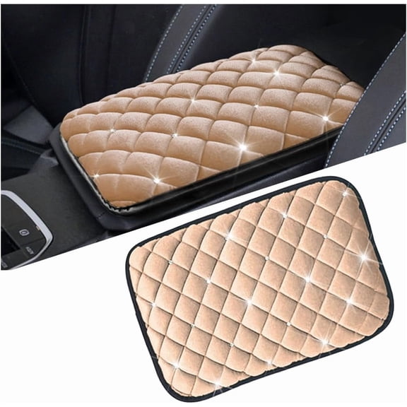 chasenew Bling Car Center Console Cover, Crystal Rhinestone Fluffy Automotive Armrest Seat Box Cushion Pad, Soft Comfortable Diamond Arm Rest Protection Mat, Universal Vehicle Accessories (Beige)