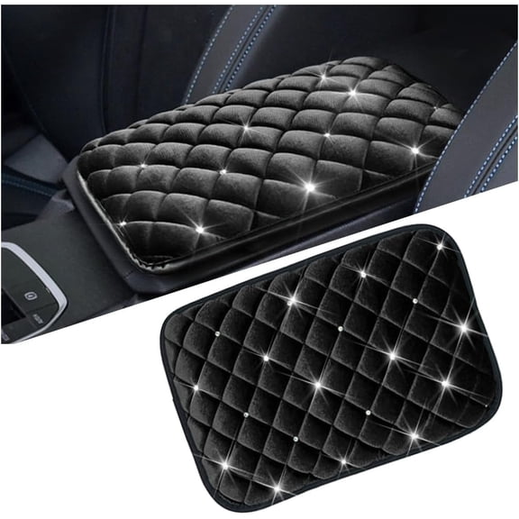 chasenew Bling Car Center Console Cover, Crystal Rhinestone Fluffy Automotive Armrest Seat Box Cushion Pad, Soft Comfortable Diamond Arm Rest Protection Mat, Universal Vehicle Accessories (Black)
