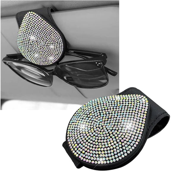 chasenew Bling Sunglass Holder for Car Visor, Magnetic Leather Visor Clip Glasses Holder with Sparkling Rhinestones, Crystal Visor Ticket Card Clip for Women Girls, Car Accessories (Black & Colorful)