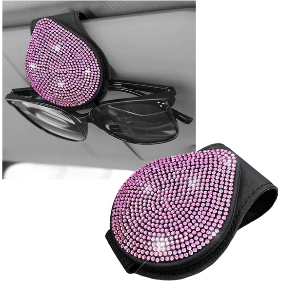 Chasenew Bling Sunglass Holder for Car Visor, Magnetic Leather Visor Clip Glasses Holder with Sparkling Rhinestones, Crystal Visor Ticket Card Clip for Women Girls, Car Accessories (Black & Pink)