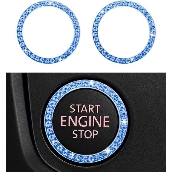 chasenew Engine Start Stop Button Bling Ring,Key Ignition Starter & Knob Crystal Rhinestone Cover, Push Start Button Diamond Decor (Blue-2 Rings)