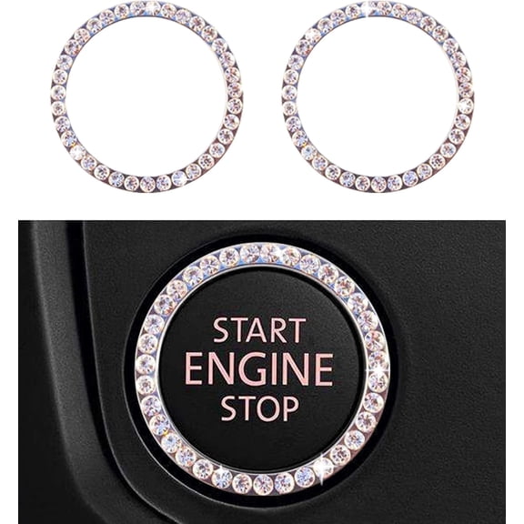 Chasenew Engine Start Stop Button Bling Ring,Key Ignition Starter & Knob Crystal Rhinestone Cover, Push Start Button Diamond Decor (Silver-2 Rings)