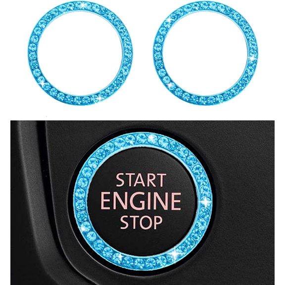 chasenew Engine Start Stop Button Bling Ring,Key Ignition Starter & Knob Crystal Rhinestone Cover, Push Start Button Diamond Decor (2 Rings, Baby Blue)