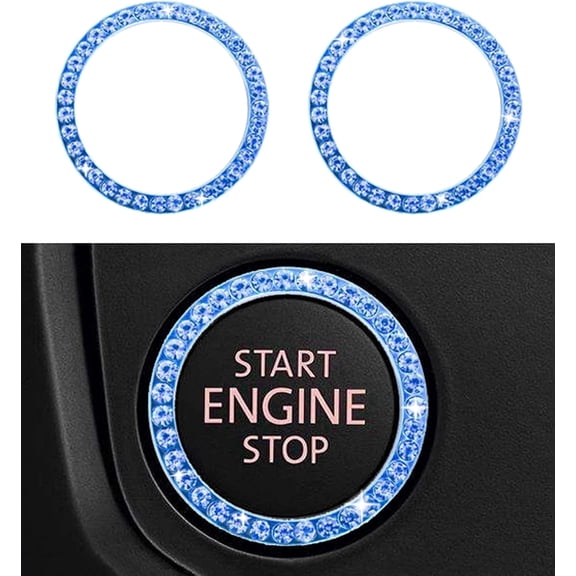 Chasenew Engine Start Stop Button Bling Ring,Key Ignition Starter & Knob Crystal Rhinestone Cover, Push Start Button Diamond Decor (Blue-2 Rings)