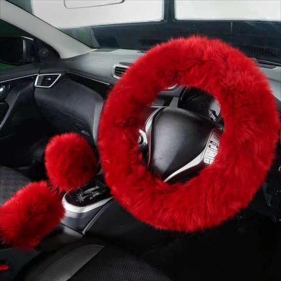 chasenew Genuine Sheepskin Steering Wheel Cover Set for Women Parents-Fluffy Soft Australian Merino Wool Wrap with Gear Shift and Hand Brake Covers, Cozy Stylish Luxury Car Accessories (Red)