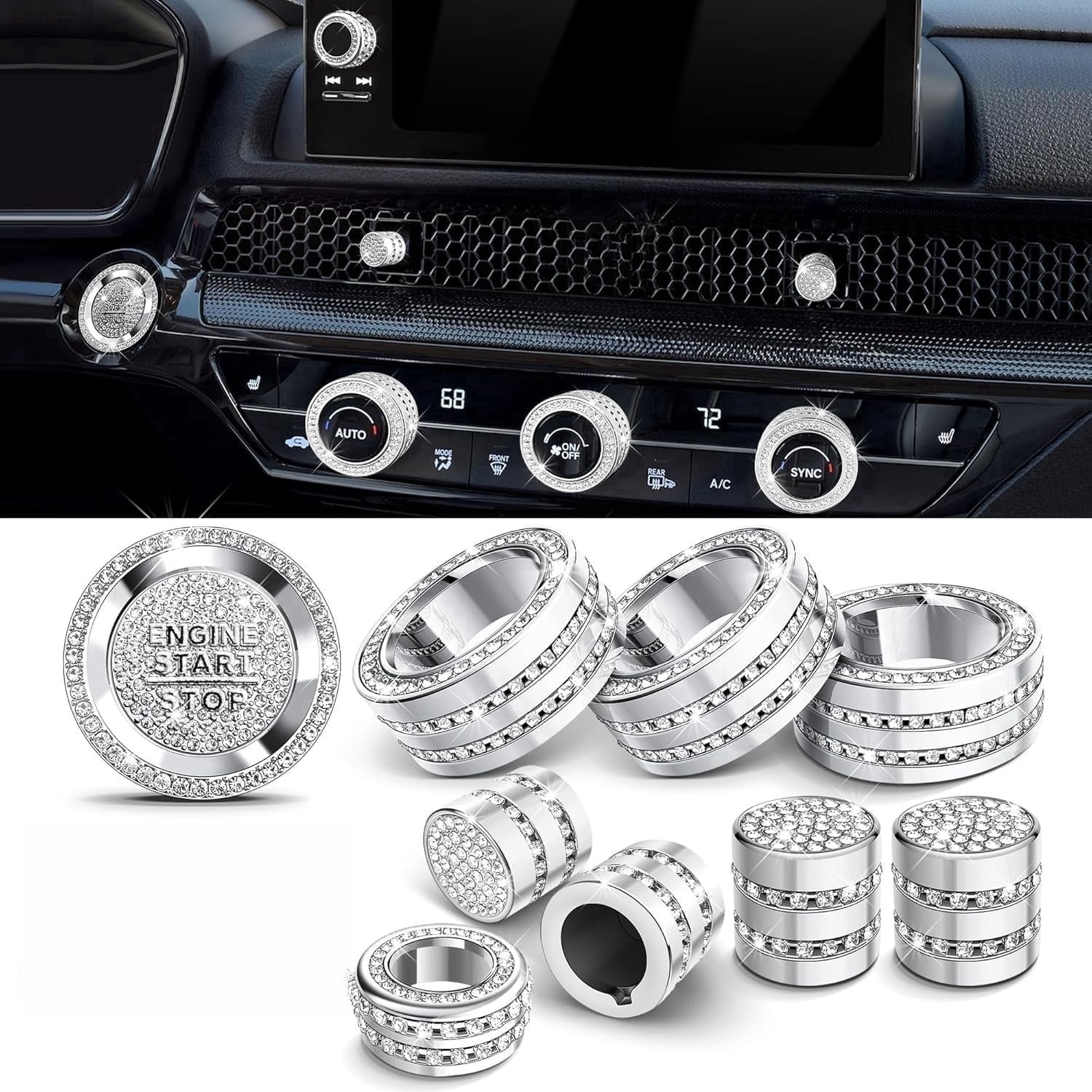 chasenew for Honda Civic 2022-2026 Accessories, CRV 2023-2026 & Acura Ingetra 2023-2025 (Fit 9" Screen/ 1 Audio Knob), 10pcs Knob Cover Kit - Push Start, Audio, AC & Air Vent (Bling)