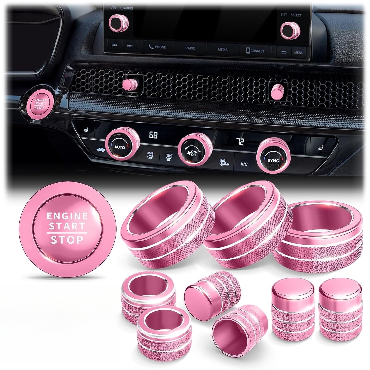 chasenew for Honda Civic 2022-2026 Accessories, CRV 2023-2026 & Acura Ingetra 2023-2025 (Fit 7" Screen/ 1 Audio Knob), 10pcs Knob Cover Kit - Push Start, Audio, AC & Air Vent (Pink)