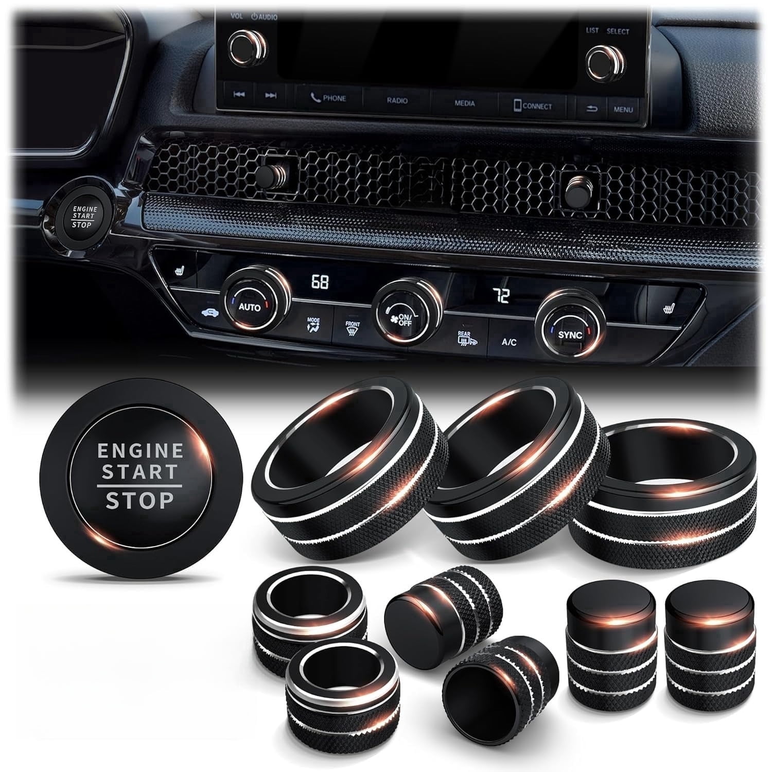 chasenew for Honda Civic 2022-2026 Accessories, CRV 2023-2026 & Acura Ingetra 2023-2025 (Fit 7" Screen/ 1 Audio Knob), 10pcs Knob Cover Kit - Push Start, Audio, AC & Air Vent (Black)