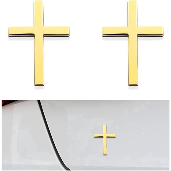 chasenew Metal Jesus Christ Cross Badge Stickers, 2.5"×1.8" Alloy 3D Individual Car Cross Sticker, Self Adhesive Scratch Covering Metal Cross Auto Emblem Decal for Car Body Fender Tail Golden+Golden