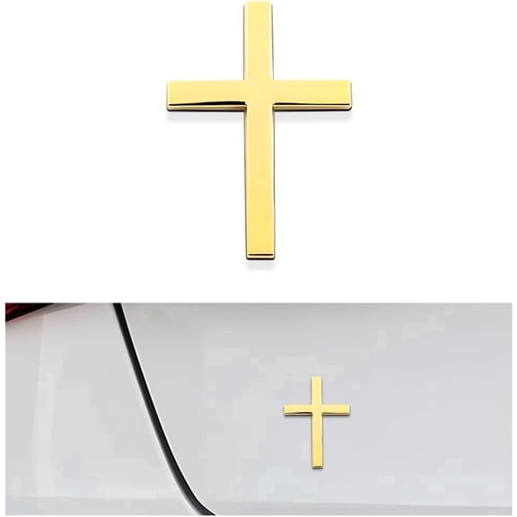 chasenew Metal Jesus Christ Cross Badge Stickers, 2.5"×1.8" Alloy 3D Individual Car Cross Sticker, Self Adhesive Scratch Covering Metal Cross Auto Emblem Decal for Car Body Fender Tail (Golden)