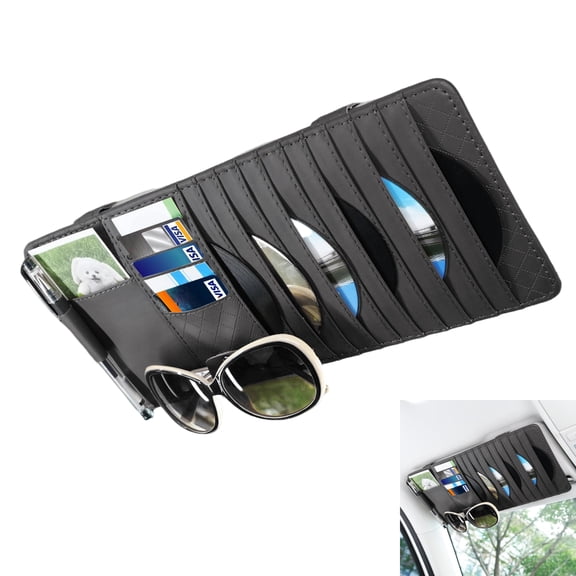 Chasenew Sun Visor CD Case Holder for Car - Multi-Function Visor Organizer with CD/DVD Storage, Eyeglass Clip, Card Slots & Pen Holder, Durable Leather Car Accessories (Black)