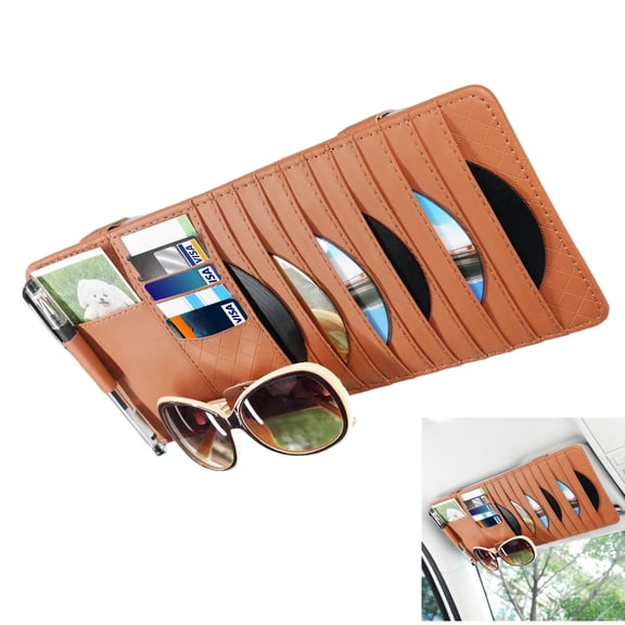 Chasenew Sun Visor CD Case Holder for Car - Multi-Function Visor Organizer with CD/DVD Storage, Eyeglass Clip, Card Slots & Pen Holder, Durable Leather Car Accessories (Orange)