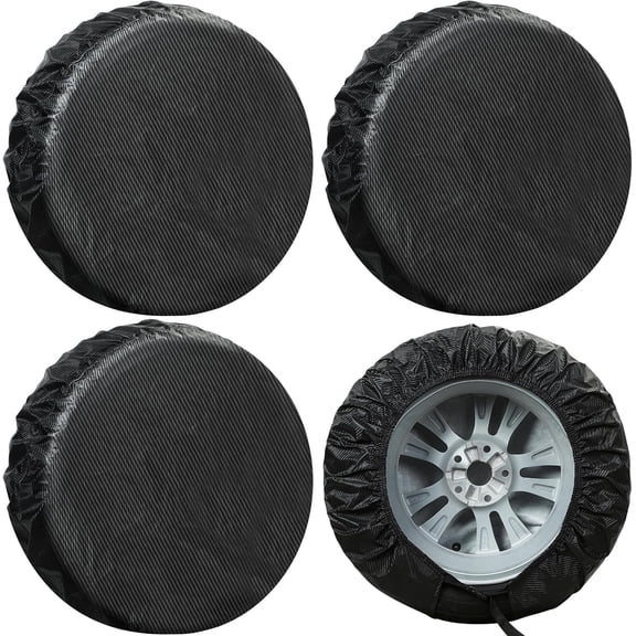 chasenew Tire Covers 4 Pack, Tire Wheel Protector for Truck, SUV, Trailer, Camper, RV, Carbon Fiber Spare Tire Cover Sun Rain Snow Protector, Universal Fits Tire Diameters 26.75-29 inches, Silver