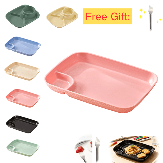chaungfeng 10" Divided Plates Unbreakable Wheat Straw Dinnerware Lunch Trays, Lightweight Reusable Plastic Microwave Dishwasher Safe Food Plates (Pink, with Fork)