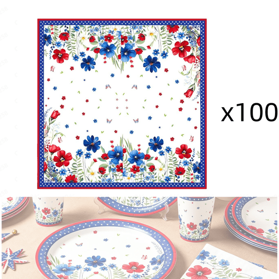 chaungfeng 100 Pcs 4th of July Flower Square Paper Towels, American Flag Plates Disposable Patriotic Napkins for Independence Day 250th Anniversary Memorial Day Party Supplies Decor