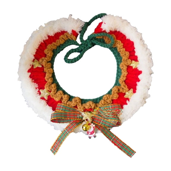 chaungfeng 11.8 Inches Pet Christmas Collar, Hand-Woven Decorative Neckpiece, Bow Bell Design Cotton Thread Decoration, for Cat, Dog, Holiday, Gift