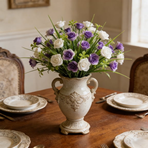 chaungfeng 12.9inch Artificial Flowers Spring Grass Roses Stems with Green Leaves， Faux Floral Arrangement Branch for DIY Wedding Party Centerpiece Bouquet (Purple)