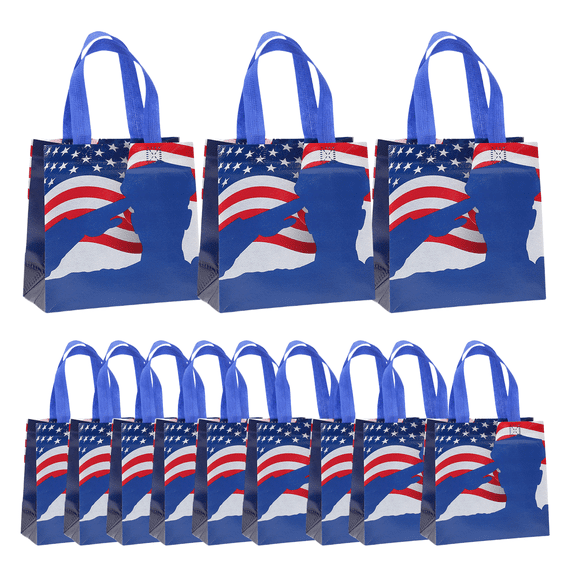 chaungfeng 12 Pack American Flag Gift Bags, 4th of July Patriotic Stars and Stripes Reusable Totes Non Woven Candy Totes for Independence Day Birthday Party Supplies(7.9" x 7.9" x 3.5")