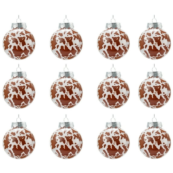 chaungfeng 12 Pcs Cowhide Printed Christmas Ball Ornaments, 2.36 Inch Plastic Western Cow Ornaments Country Western Party Decorations Rustic Xmas Baubles for Tree Home Gift(Brown)
