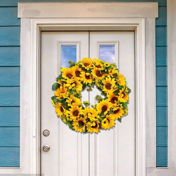 chaungfeng 16 Inch Artificial Sunflower Wreath for Front Door, Yellow Decorative Summer Floral Door Wreath with Daisy,Green Leaves and Linen Ribbon for Wall or Home Decoration (Yellow)