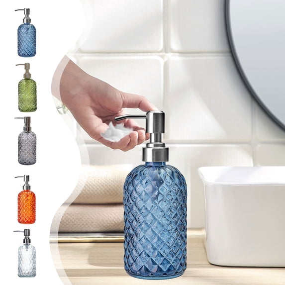 chaungfeng 16oz Glass Soap Dispenser, Kitchen and Bathroom Refillable Soap Dispenser with Rust Resistant Stainless Steel Pump for Hand Soap, Lotion Glass Liquid Dispenser (Blue)