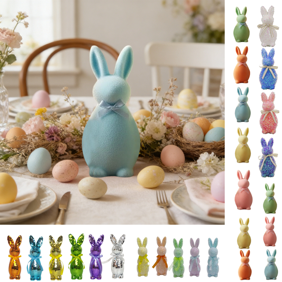chaungfeng 1PCS Flocked Bunny Easter Decorations with Bow Ties, 3.94 Inch Pastel Rabbit Figurines for Easter Centerpieces, Spring Home Tabletop Shelf Decor & Seasonal Gift (Blue)