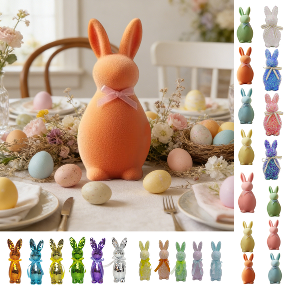 chaungfeng 1PCS Flocked Bunny Easter Decorations with Bow Ties, 5.91 Inch Pastel Rabbit Figurines for Easter Centerpieces, Spring Home Tabletop Shelf Decor & Seasonal Gift (Orange)