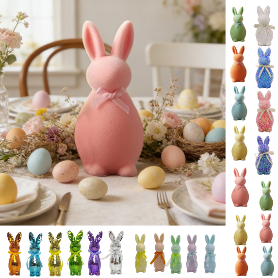 chaungfeng 1PCS Flocked Bunny Easter Decorations with Bow Ties, 5.91 Inch Pastel Rabbit Figurines for Easter Centerpieces, Spring Home Tabletop Shelf Decor & Seasonal Gift (Pink)