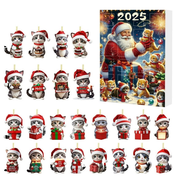 chaungfeng 2025 Christmas Advent Calendar, 24-Day Cute Cat Theme Countdown Calendar Acrylic Nativity Pendants Set, Countdown to Christmas with Hanging Ornaments for Xmas Tree Decor