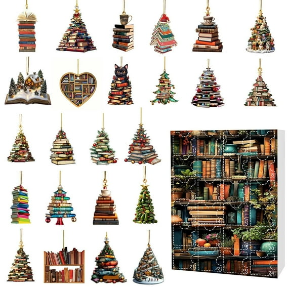 chaungfeng 24 Days of Christmas Tree Shape Bookshelf Pendant Advent Calendar, Stacked Book Decorations, 2D Acrylic Ornaments,for Keepsake Gift Ideas