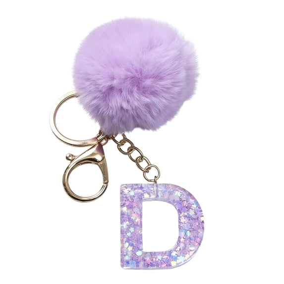 chaungfeng 26 Initial Letter Alphabet Key Rings, Purple Velvet Ball Pendant with Fur Ball keychains for Purse Handbags Backpack Women Holiday Gift - D