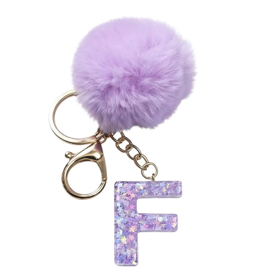 chaungfeng 26 Initial Letter Alphabet Key Rings, Purple Velvet Ball Pendant with Fur Ball keychains for Purse Handbags Backpack Women Holiday Gift - F