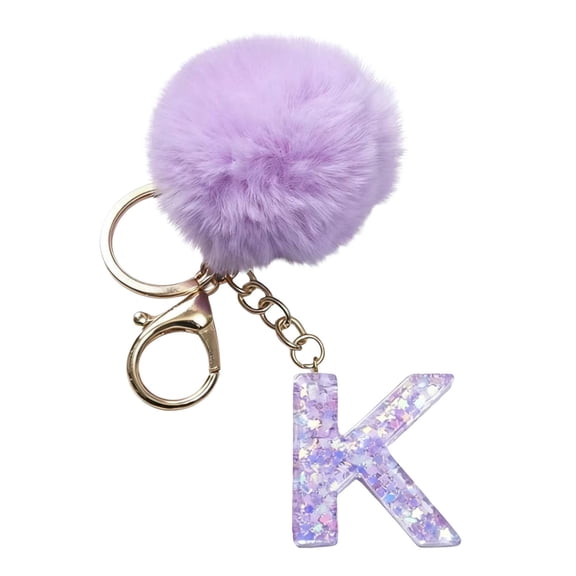 chaungfeng 26 Initial Letter Alphabet Key Rings, Purple Velvet Ball Pendant with Fur Ball keychains for Purse Handbags Backpack Women Holiday Gift - K