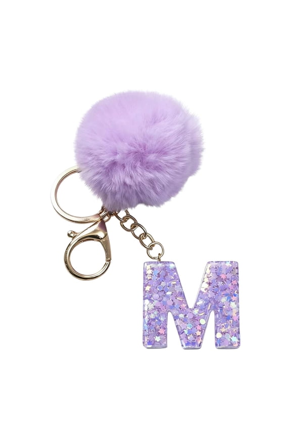 26 Initial Letter Alphabet Key Rings, Purple Velvet Ball Pendant with Fur Ball keychains for Purse Handbags Backpack Women Holiday Gift - M