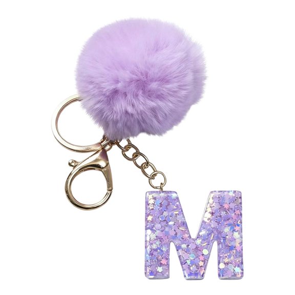 chaungfeng 26 Initial Letter Alphabet Key Rings, Purple Velvet Ball Pendant with Fur Ball keychains for Purse Handbags Backpack Women Holiday Gift - M