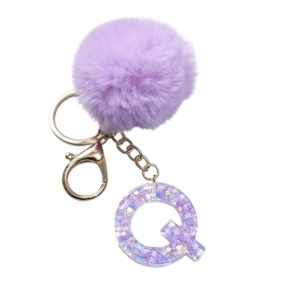 chaungfeng 26 Initial Letter Alphabet Key Rings, Purple Velvet Ball Pendant with Fur Ball keychains for Purse Handbags Backpack Women Holiday Gift - Q