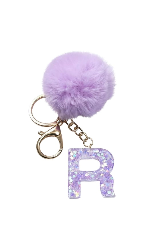 26 Initial Letter Alphabet Key Rings, Purple Velvet Ball Pendant with Fur Ball keychains for Purse Handbags Backpack Women Holiday Gift - R