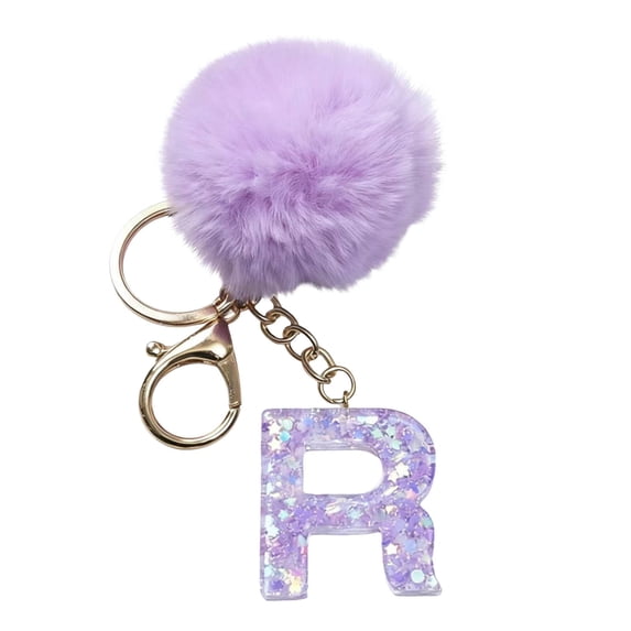 chaungfeng 26 Initial Letter Alphabet Key Rings, Purple Velvet Ball Pendant with Fur Ball keychains for Purse Handbags Backpack Women Holiday Gift - R