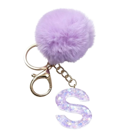 chaungfeng 26 Initial Letter Alphabet Key Rings, Purple Velvet Ball Pendant with Fur Ball keychains for Purse Handbags Backpack Women Holiday Gift - S