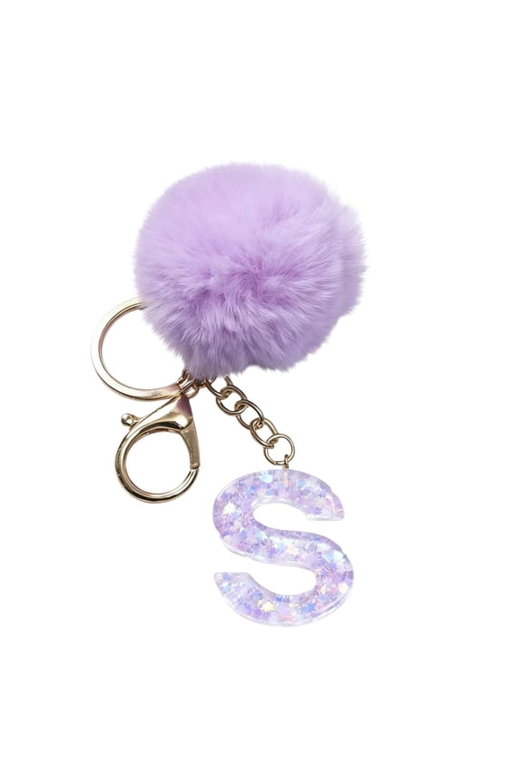 26 Initial Letter Alphabet Key Rings, Purple Velvet Ball Pendant with Fur Ball keychains for Purse Handbags Backpack Women Holiday Gift - S