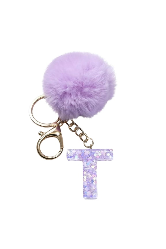 26 Initial Letter Alphabet Key Rings, Purple Velvet Ball Pendant with Fur Ball keychains for Purse Handbags Backpack Women Holiday Gift - T