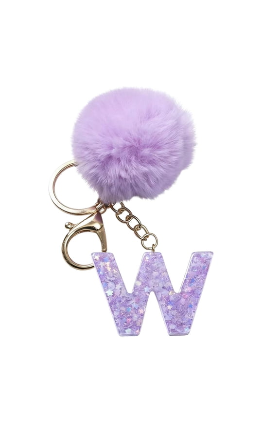 26 Initial Letter Alphabet Key Rings, Purple Velvet Ball Pendant with Fur Ball keychains for Purse Handbags Backpack Women Holiday Gift - W