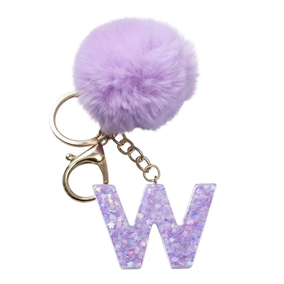 chaungfeng 26 Initial Letter Alphabet Key Rings, Purple Velvet Ball Pendant with Fur Ball keychains for Purse Handbags Backpack Women Holiday Gift - W