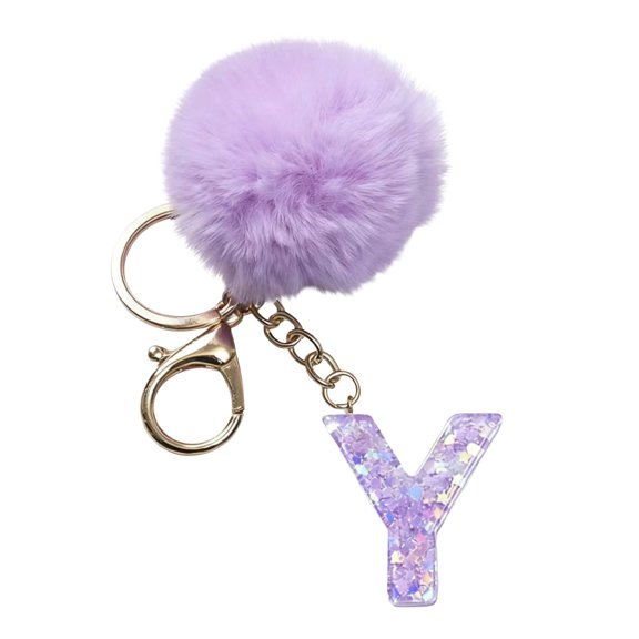 chaungfeng 26 Initial Letter Alphabet Key Rings, Purple Velvet Ball Pendant with Fur Ball keychains for Purse Handbags Backpack Women Holiday Gift - Y