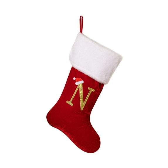 chaungfeng 26 Letter Christmas Stockings, Red Velvet with White Soft Plush Cuff Embroidered Xmas Stockings, Classic Personalized Stocking Decorations for Home Holiday Season Decor(Letter N)