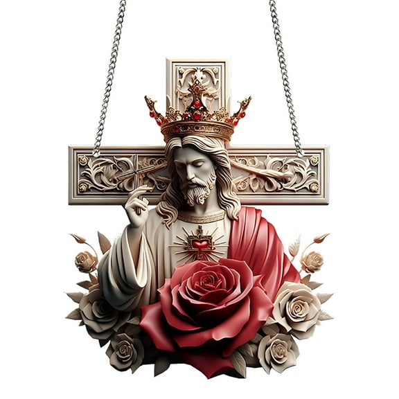 chaungfeng 2D Flat Jesus Window Hanging Ornament with Metal Chain Lightweight for Kitchen, Corridor Multipurpose 9.3x7.8inch