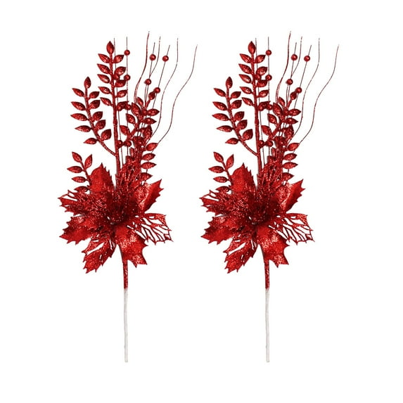 chaungfeng 2Pcs Fake Flower Plants for Christmas Decor, 17 Inch Long Glitter Artificial Plastic Flower for Indoor Outdoor Party, DIY Craft, Wedding Hotel Verandah, Holiday Gifts