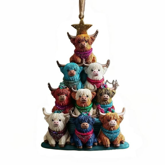 chaungfeng 3.14 Inch Stacked Cow Christmas Ornament, Acrylic 2D Flat Farm Animal Tree Decor, for Holiday Gift, Themed Christmas, Rustic Decor